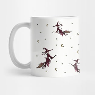 Flying witch on a broomstick with crescent moons and stars autumn halloween spooky pattern Mug